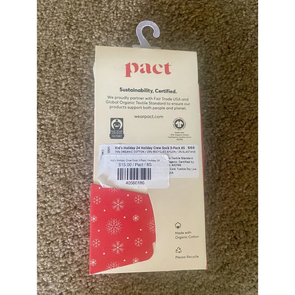 Pact Holiday Crew Socks Kids 4Y-8Y‎ Multicolor Organic Cotton 3-Pack